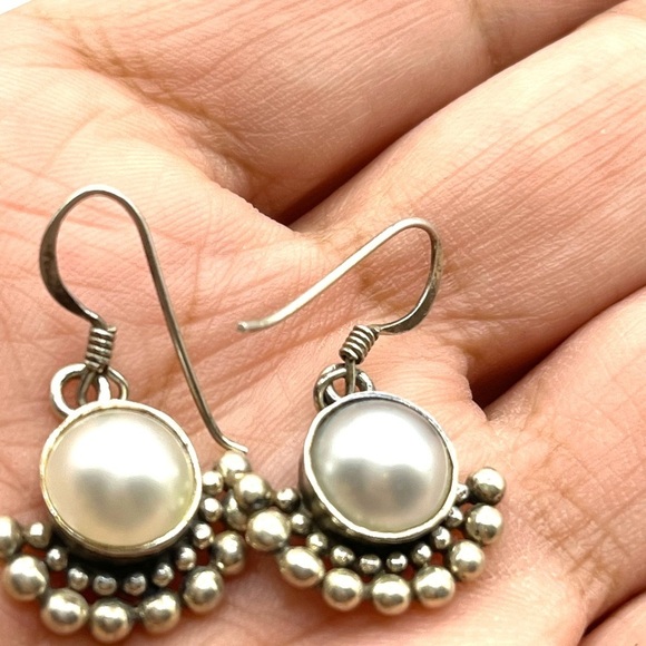 Dangle Pearl Earrings Sterling Silver 925  Fan Style with Center Faux Pearl VTG - Picture 5 of 8